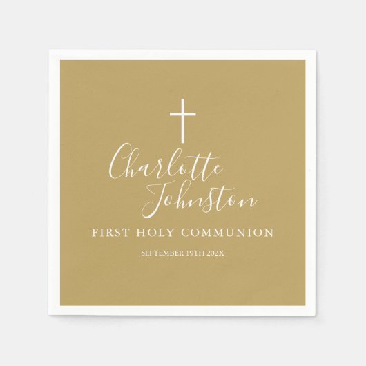 Moderne Gold Signature Script Erste Heilige Kommun Serviette (Vorderseite)