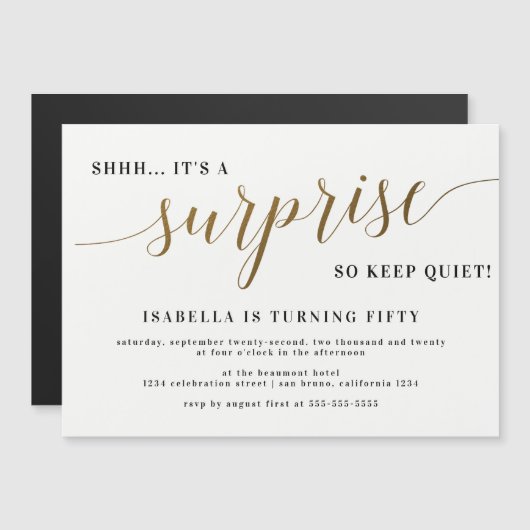 Moderne Gold Stilvolle Skriptüberraschung Geburtst Magneteinladung (Vorne/Hinten)