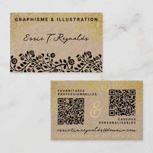 Moderne Gold Tan & Black Calligrafy Add 2 QR Codes Visitenkarte (Vorne/Hinten)
