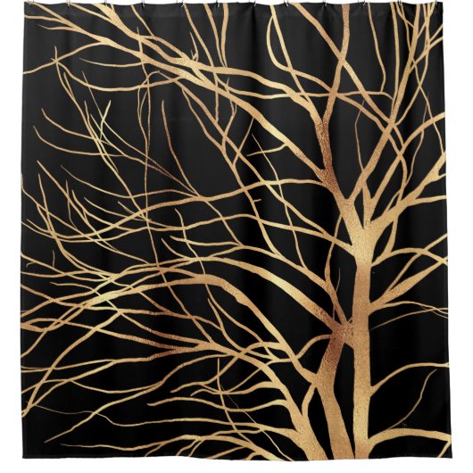 Moderne Gold Tree Silhouette Minimal Black Design Duschvorhang (Vorderseite)