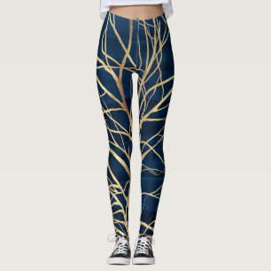 Moderne Gold Tree Silhouette Minimales blaues Desi Leggings