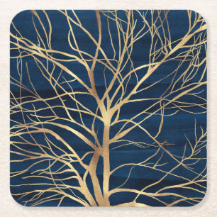 Moderne Gold Tree Silhouette Minimales blaues Desi Rechteckiger Pappuntersetzer