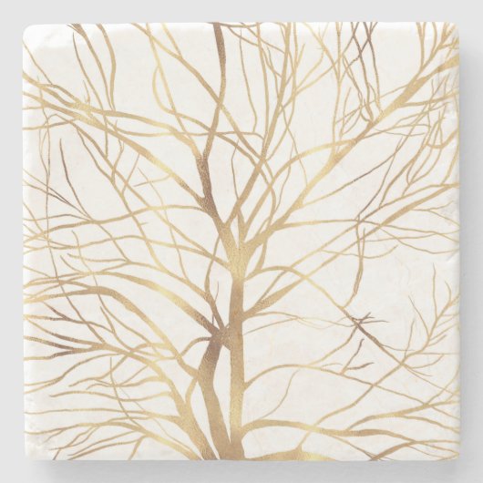 Moderne Gold Tree Silhouette Minimales Weißdesign Steinuntersetzer (Vorderseite)