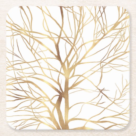 Moderne Gold Tree Silhouette Minimales Weißes Desi Rechteckiger Pappuntersetzer (Vorderseite)