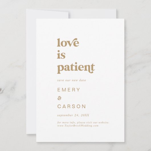 Moderne Gold Typografie Liebe ist Patient Save The Date (Vorderseite)