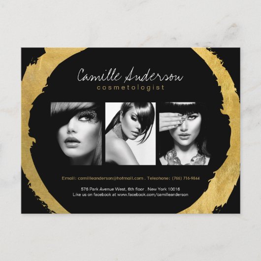 Moderne Gold- und Black Makeup Artistry Comp Card Postkarte (Vorderseite)