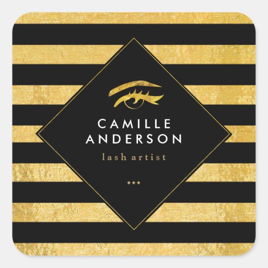 Moderne Gold- und Black Strips mit Gold Lashes Quadratischer Aufkleber (Vorderseite)