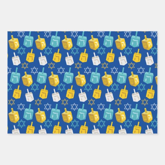 Moderne Gold- und Blue-Hanukkah-Dreidelsstars Geschenkpapier Set (Vorderseite)