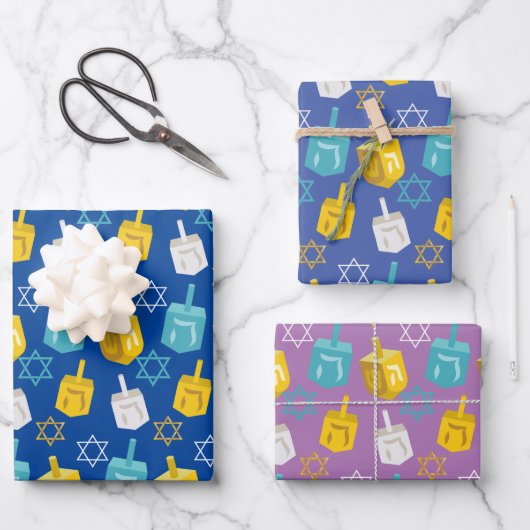 Moderne Gold- und Blue-Hanukkah-Dreidelsstars Geschenkpapier Set (Vorderseite)