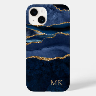Moderne Gold- und Navy-Marmor-Achat-Monogramm-Etui Case-Mate iPhone 14 Hülle
