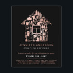 Moderne Gold- und Rose-Goldreinigung Flyer<br><div class="desc">Moderner, trendiger Rose Gold und Black Business Flyer für eine kommerzielle oder Wohndienstleistungen für Reinigung, Hausmeister, Zimmermädchen oder Hausmeisterservice. Design mit dem Rose Gold House Icon und der Putzeinrichtung Icons darin. Passen Sie die Vorderseite mit zwei Zeilen Text auf einem schwarzen Hintergrund und einer Beschreibung der Dienste an, und fügen...</div>
