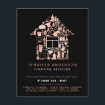 Moderne Gold- und Rose-Goldreinigung Flyer<br><div class="desc">Moderner, trendiger Rose Gold und Black Business Flyer für eine kommerzielle oder Wohndienstleistungen für Reinigung, Hausmeister, Zimmermädchen oder Hausmeisterservice. Design mit dem Rose Gold House Icon und der Putzeinrichtung Icons darin. Passen Sie die Vorderseite mit zwei Zeilen Text auf einem schwarzen Hintergrund und einer Beschreibung der Dienste an, und fügen...</div>