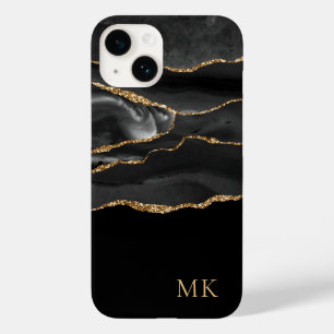 Moderne Gold- und Schwarze Marmor-Achat-Monogramm Case-Mate iPhone 14 Hülle
