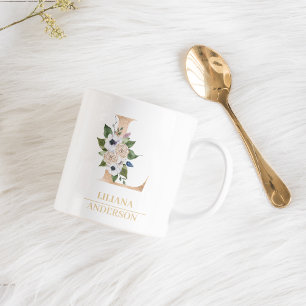 Moderne Gold-Wasserfarbe-Blumen- Buchstabe L Mon Kaffeetasse