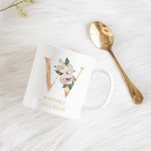 Moderne Gold-Wasserfarbe-Blumen-Initiale W Monog Kaffeetasse