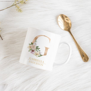 Moderne Gold-Wasserfarben-Blumen-Buchstabe G Mon Kaffeetasse