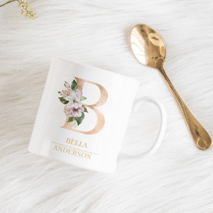 Moderne Gold-Wasserfarben-Blumen-Initiale B Mono Kaffeetasse