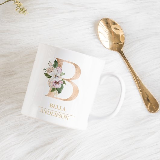 Moderne Gold-Wasserfarben-Blumen-Initiale B | Mono Kaffeetasse