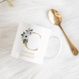 Moderne Gold-Wasserfarben-Blumen-Initiale C Mono Kaffeetasse