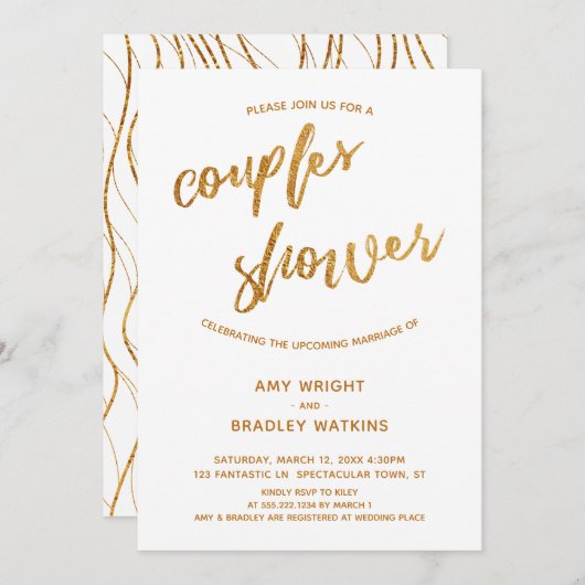 Moderne Gold Waves Handschrift White Couples Dusch Einladung (Vorne/Hinten)