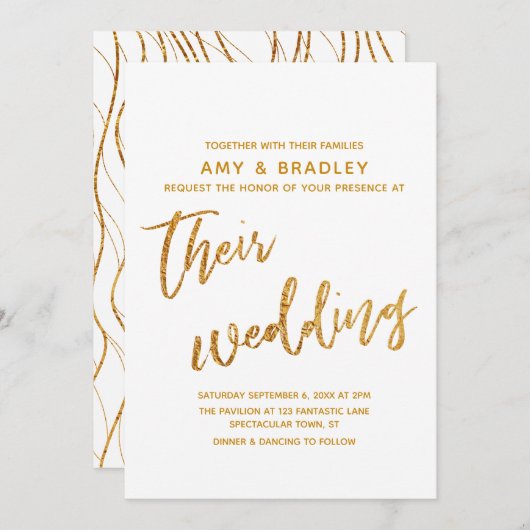 Moderne Gold Waves Handwriting White Wedding Einladung (Vorne/Hinten)