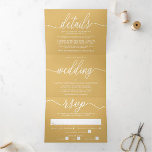 Moderne Gold & White Simple Script Wedding Suite Dreifach Gefaltete Einladung
