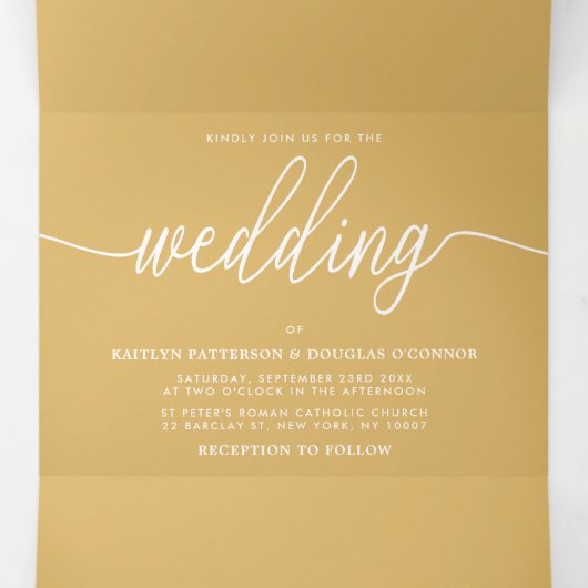Moderne Gold & White Simple Script Wedding Suite Dreifach Gefaltete Einladung (Innenseite Mitte)