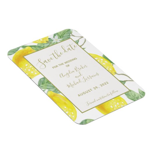 Moderne Gold-Zitronen und -Folien Save the Date Magnet (Rechte Seite)