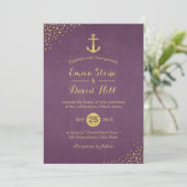 Moderne Goldanker-Hochzeit Lila Einladung (Stehend Vorderseite)