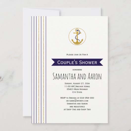 Moderne Goldankerstreifen nautischer Polterabend Einladung (Vorderseite)