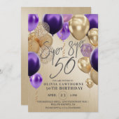 Moderne Goldballons Lila 50. Geburtstagsparty Einladung (Vorne/Hinten)