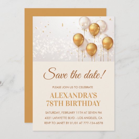 Moderne Goldballons Save the Date 78. Einladung (Vorne/Hinten)
