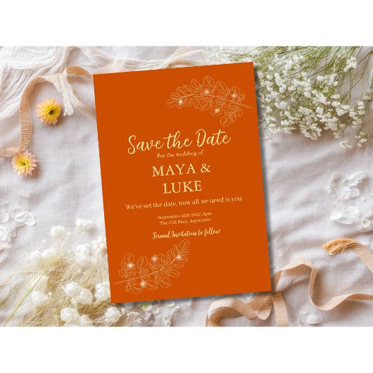 Moderne Goldblätter in verbranntem Orange Save The Date
