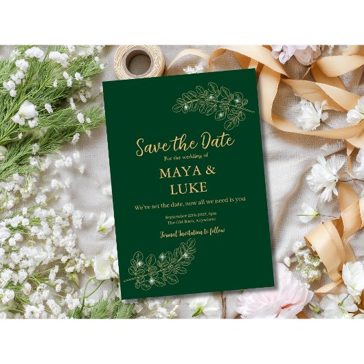 Moderne Goldblätter Smaragd Save The Date