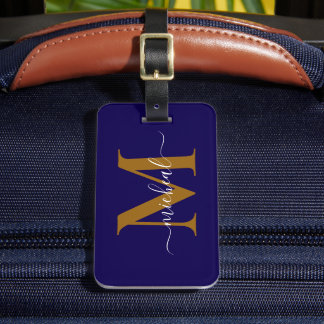 Moderne goldbraune und blaue Monogramm-Schriftzug- Gepäckanhänger
