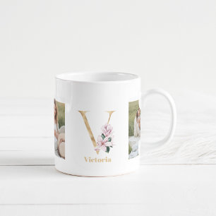Moderne Goldbuchstabe V Blume Zweifaches Fotomon Kaffeetasse