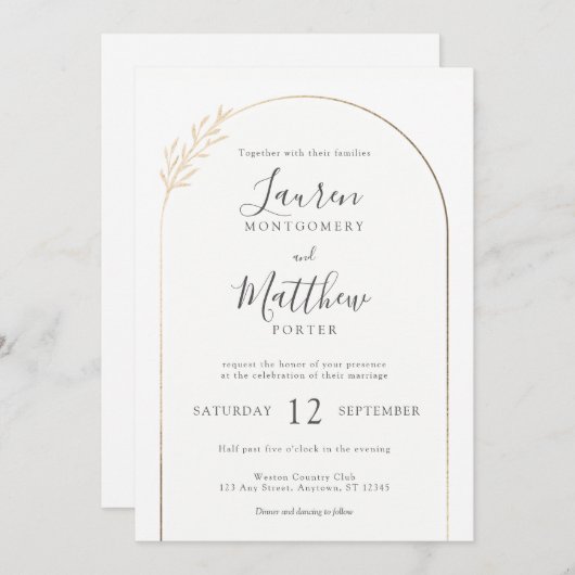 Moderne Goldbucht mit Blumendetails Hochzeit Einladung (Vorne/Hinten)