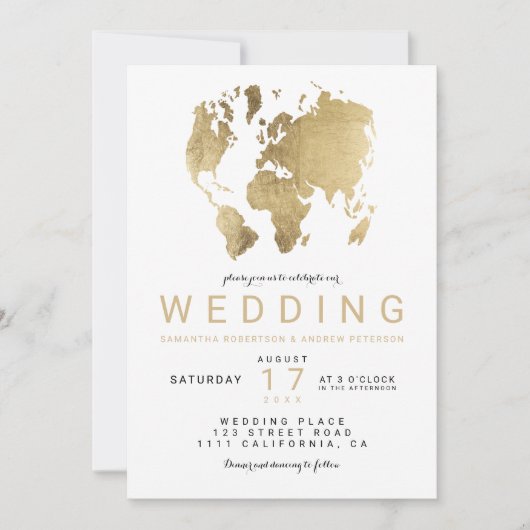 Moderne goldchic world map wedding einladung (Vorderseite)