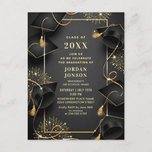 Moderne Golden Black Graduation Party Einladung Postkarte