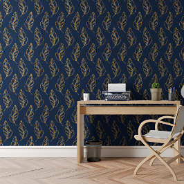 Moderne Golden Blätter Royal Blue Botanical Patter Tapete