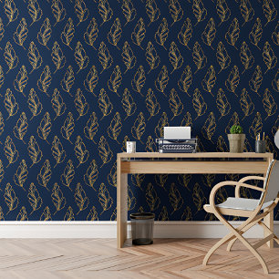 Moderne Golden Blätter Royal Blue Botanical Patter Tapete