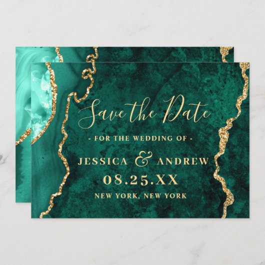Moderne Golden Green Agate Marmorhochzeit Save The Date (Vorne/Hinten)