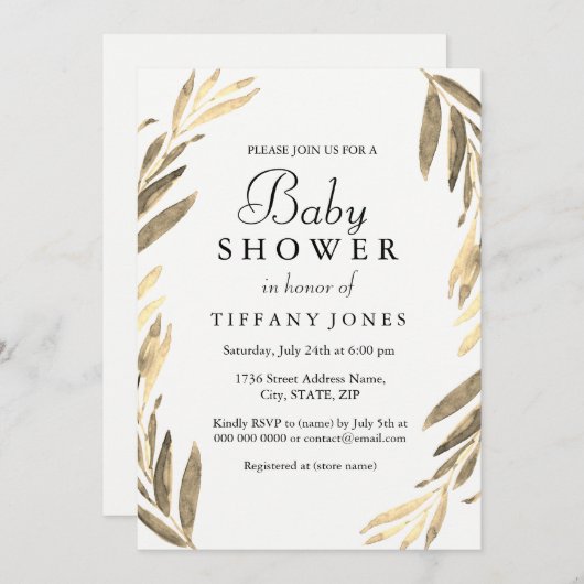 Moderne Golden Leaf Mädchen oder Junge Babydusche Einladung (Vorne/Hinten)