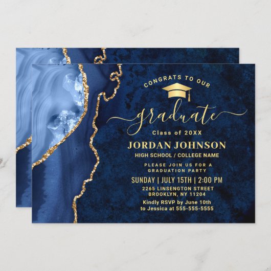 Moderne Golden Navy Blauer Marmor Graduation Party Einladung (Vorne/Hinten)