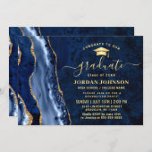 Moderne Golden Navy Blauer Marmor Graduation Party Einladung (Vorne/Hinten)