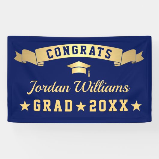 Moderne Golden Navy Blue Graduation Party 2024 Banner (Horizontal)