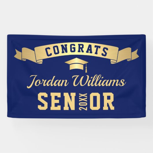 Moderne Golden Navy Blue Graduation Party 2024 Banner (Horizontal)
