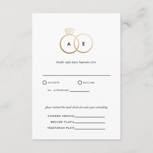 Moderne Golden Rings Wedding RSVP Antwortkarte Begleitkarte (Vorderseite)