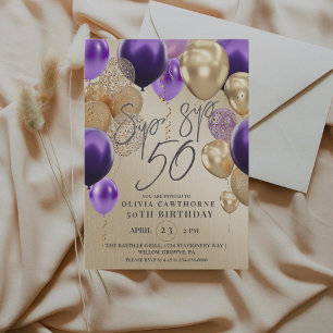 Moderne goldene Ballons lila 50. Geburtstagsfeier Einladung
