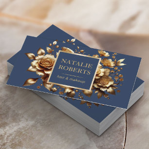 Moderne goldene Blumen Navy Blue Schönheitssalon & Visitenkarte